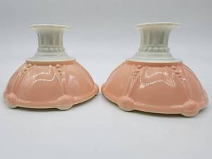 lot 02 image: 1938 Anchor Hocking Oyster & Pearl Candlestick Holders Pink & White Opaque Glass
