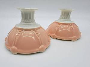 lot 08 image: 2 1938 Anchor Hocking Oyster & Pearl Candlestick Holders Pink & White Opaque Glass