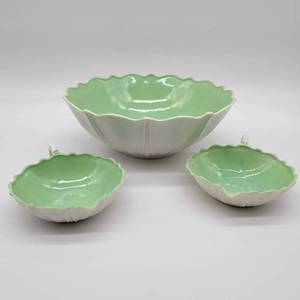 lot 06 image: 1938 Anchor Hocking Oyster & Pearl 1 Bowl & 2 Nappys Mint Green & White Opaque Glass