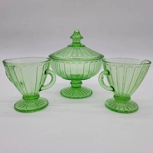 lot 11 image: 1930 Hazel Atlas Uranium Glass Ribbon Candy Dish , Creamer, Sugar Bowl