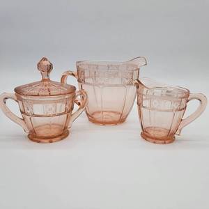 lot 17 image: Jeanette Glass Company Doric Rose Rose Milk Pitcher, Sugar Bowl & Creamer 1935-1938