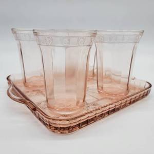 lot 19 image: Jeanette Glass Company Doric Rose Relish Tray & 4 Juice Glasses 1935-1938