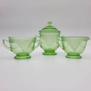 lot 36 image: Federal Glass Company Georgian Lovebirds Uranium Glass 2 Sugar Bowls & 1 Creamer- 1931-1935