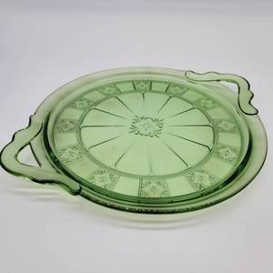 lot 42 image: Jeanette Glass Company Doric Uranium Glass Serving Dish wHandles 1935-1938