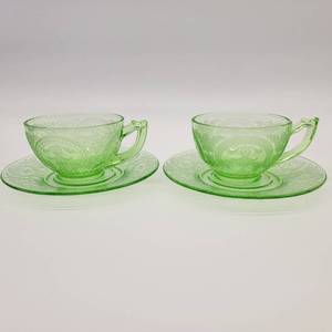 lot 18 image: Indiana Glass Company Horseshoe 2 Uranium Glass Cup & Saucers 1930-1933- 4 Pieces