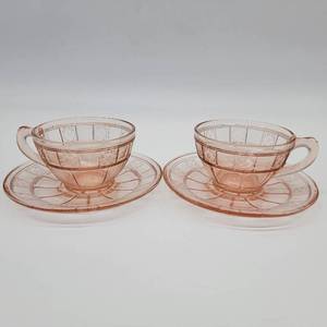lot 29 image: Jeanette Glass Company Doric Rose 2 sets of Tea Cup & Saucers 1935-1938