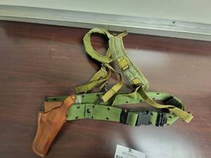 lot 08 image: US Army Individual Equipment Nylon Khaki Belt SP0100-00-D-EC58 Size Large with Leather Holster
