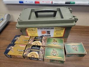 lot 47 image: 7 Boxes of 12 Ga. Waterfowl Duck Ammo in Green Heavy Duty Plastic Ammo Box