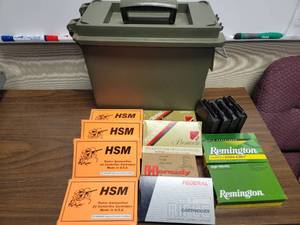 lot 48 image: 10 Boxes of 30.06 Win. with 4 30.06 Clips Ammo in Green Heavy Duty Plastic Ammo Box