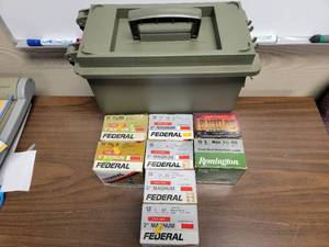 lot 49 image: 8 Boxes of 12 Ga. Waterfowl Goose Ammo in Green Heavy Duty Plastic Ammo Box