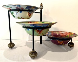 lot 123 image: Mackenzie Childs Metal Three Tiered Server with Three Mackenzie Childs Flower Market Enamel Bowls