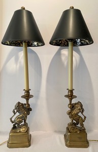 lot 131 image: Gorgeous Stately Pair of Brass Lion Figurine Table Lamps
