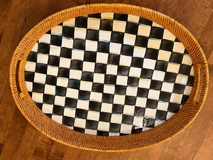 lot 43 image: Large Handled Courtly Check Mackenzie Childs Tray with Wicker Accent