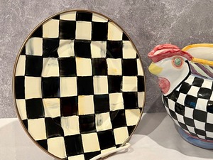 lot 67 image: Mackenzie Childs Enamel Courtly Check Plate and Chicken Figurine Pitcher
