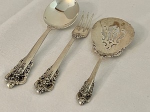 lot 11D image: Three Wallace Grand Baroque Sterling Small Serving Utensils including Grand Baroque Bonbon Server