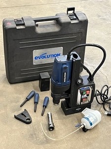 lot 50 image: Evolution Evomag 12 Magnetic Drill Machine With Case -- Magnetic Base -- Accessories Shown --Like New