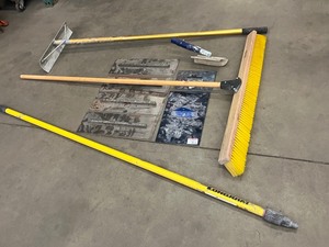 lot 45 image: Lot Of (1) 36 Broom, (1) Mud Rake, (1) Telescoping Tool Handle, Assorted Concrete Finishing Tools
