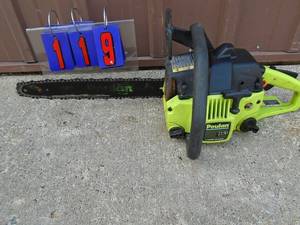 Polan 16 chainsaw. Looks lightly used. Runs & cuts well. Tested & works. As shown.