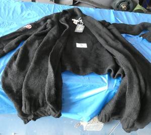 Large box of Univ of Wisconsin Over the shoulder sweater, all size Medium, 5 Black, 3 White, 12 Red new in package, 2 Red open pkg