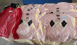7 pink kids Large sweaters and 2 red medium