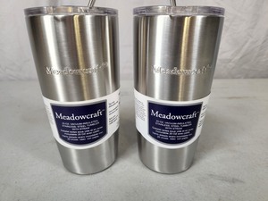 2 New Meadowcraft 20 oz Stainless Steel Tumblers with Reusable Metal Straws