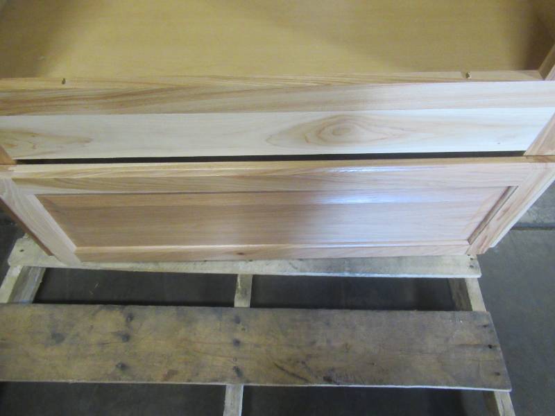 lot 877 image: HAMPTON BAY ASSEMBLED 33X72X24 DOUBLE OVEN KITCHEN CABINET IN NATURAL HICKORY (MISSING TOP CABINET, BOTTOM A LITTLE BEAT UP) (SEE PHOTOS)