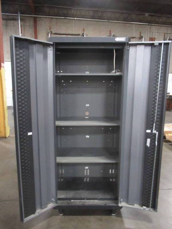 lot 261 image: KOBALT Storage Cabinet With Adjustable Shelves, Approximate Dimensions 30 x 21 x 72 Tall - Missing Key - Used in warehouse.