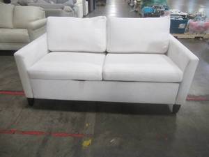 lot 400 image: CREATED FOR MACYs Furniture Queen Sleeper Love Seat in White. Measures Approximately 71 x 39 x 33 Tall. In Like New Condition
