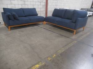 lot 408 image: CREATED FOR MACYs JASON FURNITURE Sofa in Midnight Blue, Approximate Dimensions ( Each Piece) 74 x 37 x 27 Tall. In Like New Condition.