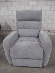 lot 417 image: CREATED FOR MACYs FURNITURE Upholstered Power Recliner With USB, in Gray, Approximate Dimensions 33 x 31 x 38 Tall. In Like New Condition.