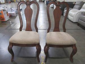 lot 421 image: CREATED FOR MACYs LEGACY CLASSIC FURNITURE Set of 2 Intricately Carved, Splat Back Wood Chairs with upholstered seats, 9180-141 KD. In Like New Condition.