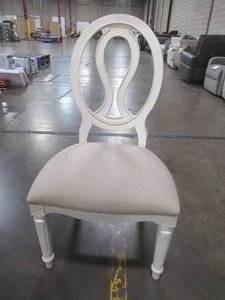 lot 426 image: CREATED FOR MACYs UNIVERSAL FURNITURE Intricately Carved Upholstered Splat Back Dining Side Chair. Cloth Upholstery, 987636. In Like New Condition.