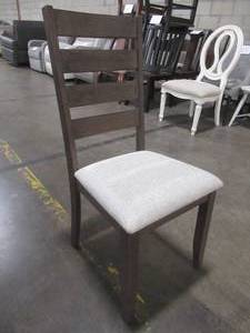 lot 429 image: CREATED FOR MACYs JGW FURNITURE Wood Slat Back Upholstered Side Chair. In Like New Condition.