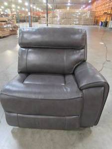 lot 458 image: CREATED FOR MACYs CHATEAU DAX FURNITURE Sectional Sofa Right Arm Facing Leather Power Recliner Chair in Grey (Chair Only). In Like New Working Condition. Approximate Dimensions 41 x 36 x 36 Tall.