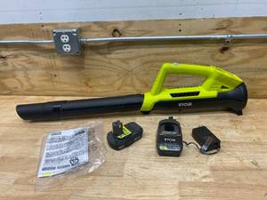 lot 59 image: RYOBI ONE 18V 90 MPH 200 CFM Cordless Battery Leaf BlowerSweeper with 2.0 Ah Battery and Charger
