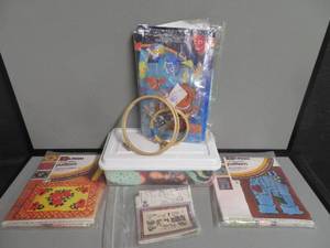 lot 15 image: NEEDLE POINT PROJECTS & CONTAINER OF CROCHET FLOWERS