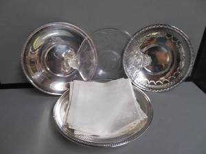 lot 29 image: VINTAGE SILVER PLATES, GLASS PLATE & VINTAGE LINEN