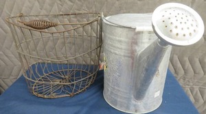 lot 43 image: METAL WATERING CAN AND WIRE  EGG  BASKET