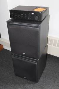 lot 600B image: Lot of (2) Klipsch KW-120-THX 600W 8-ohm Subwoofers with Klipsch KA-1000-THX Amplifier