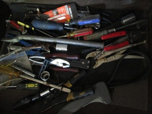 Drawer of tools with tuning forks, ...