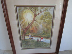 Boys fishing print, framed 18x22...