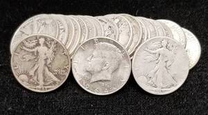 MIXED ROLL OF 90% SILVER HALF DOLLARS 20 COINS 1964 & OLDER