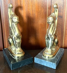 Golden Winged Griffin Figural Bookends on Marble Bases