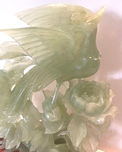 Spectacular Carved Jade Bird and Flower Sculpture on a Wooden Base
