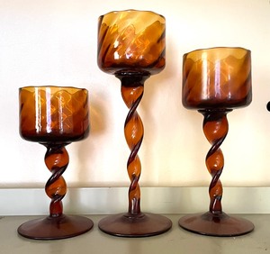 Trio of Amazing Amber Glass Candle Holders