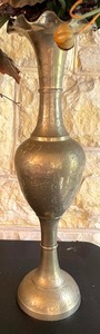 Pair of Beautiful Brass Etched Vases with Faux Florals