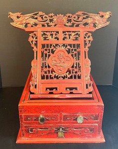 Rare Antique Chinese Make-Up Box with Folding Mirror Stand Easel