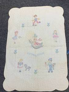 lot 27 image: Mother Goose Hand Embroidered Quilty, 2 Vintage Metal Spinning Tops