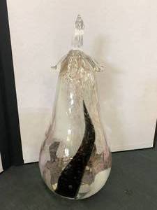 lot 108 image: Vintage Italian Hand Blown Glass Pear Sculpture, 4 Green Wine Glasses, Iridescent Pitcher