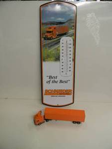lot 5 image: PEM 164 SCALE DIE CAST - SCHNEIDER NATIONAL FREIGHTLINER TRACTOR TRAILER SET - DISPLAY ONLY & SCHNEIDER NATIONAL METAL THERMOMETER  - GREAT PIECES - SEE PICTURES